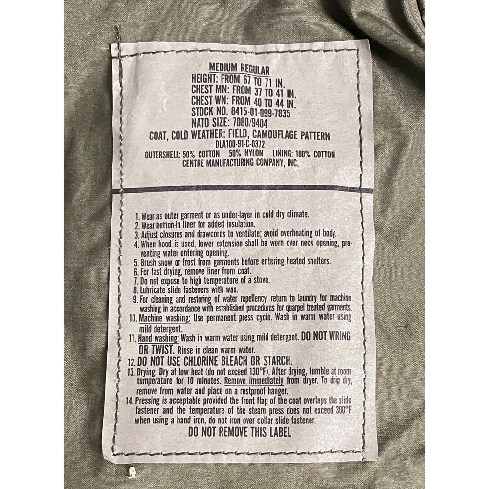 US Military M-65 Field Jacket Woodland Camo Medium/Reg 1991 Vintage DLA100-91 - Picture 12 of 12
